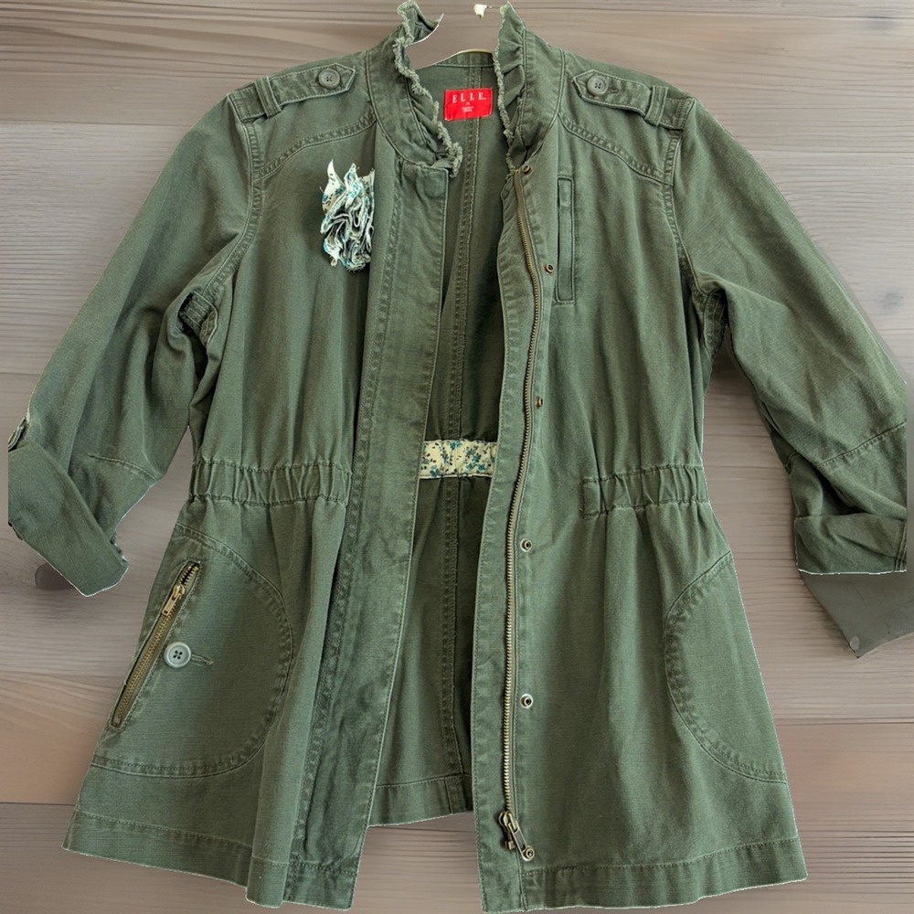 ELLE Women's army green Ruffled Peplum Blazer Jacket with Flower Accent - Size M